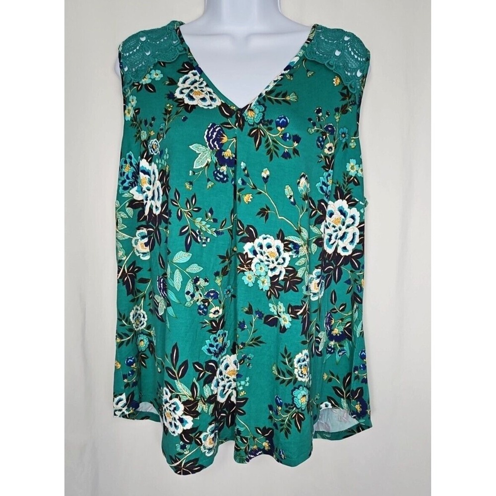 Daniel Rainn Women's Green Floral Pullover Sleeveless V-Neck Blouse Size 1X NWT
